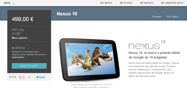 Nexus 10 de 32 GB disponible en la Google Play