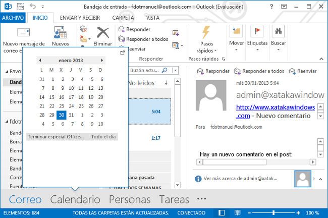 Outlook 2013, vista previa calendario