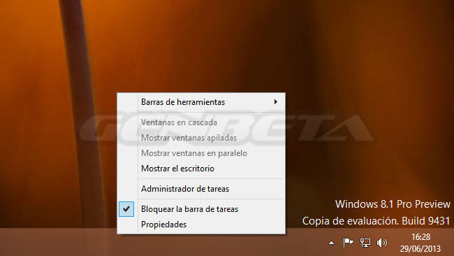 Menú de la barra de tareas de Windows 8.1