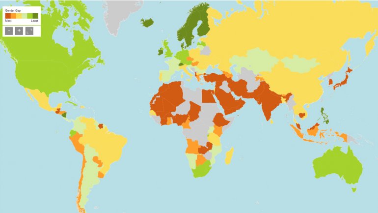 Los tonos verdes remiten a menor desigualdad de género, los naranjas a más diferencia entre sexos Los tonos verdes remiten a menor desigualdad de género, los naranjas a más diferencia entre sexos