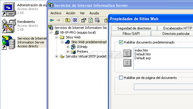 Panel de administración de IIS en Windows XP