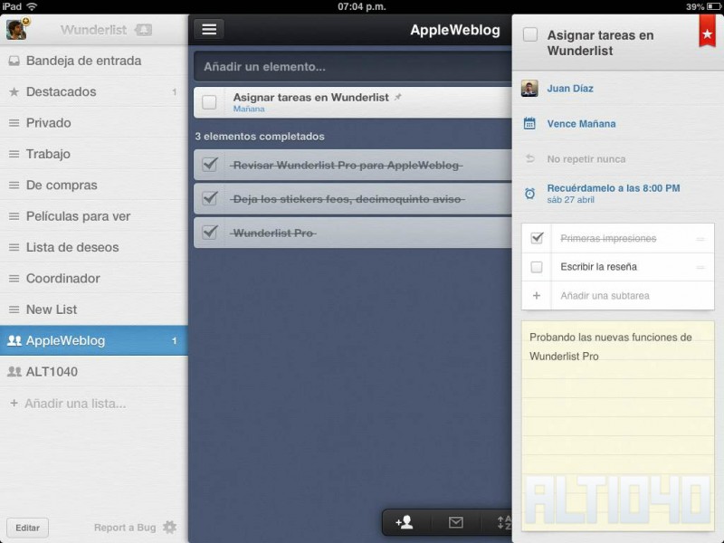 impresiones de Wunderlist Pro 2