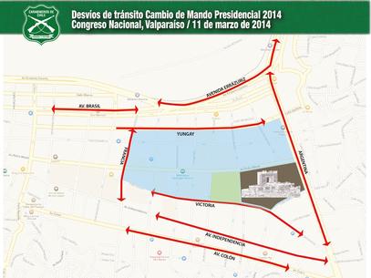 Mapa de los desvíos de tránsito en Valparaíso por la ceremonia de cambio de mando. Foto: Carabineros de Chile