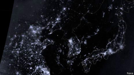 Imagen de Nasa que muestra el apagón virtual en Corea del Norte.