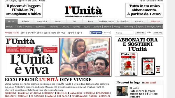 La ultima edición online de la L'Unita. (Internet)