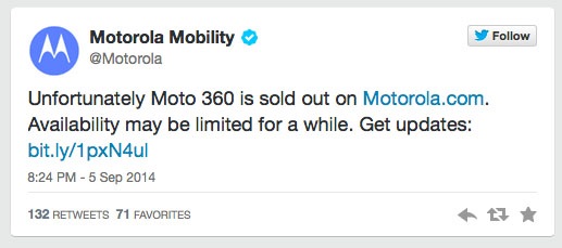 El Moto 360 se agota en cuestión de minutos en los Estados Unidos Twitter Motorola El Moto 360 se agota en cuestión de minutos en los Estados Unidos