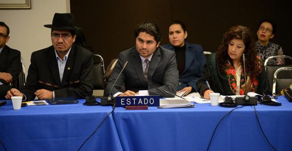 El embajador de Bolivia ante la OEA, Diego Pary, el comisionado boliviano Paulo Vannuchi y la representante del Ministerio de Defensa, Liliana Guzmán, representaron al Estado en la audiencia.