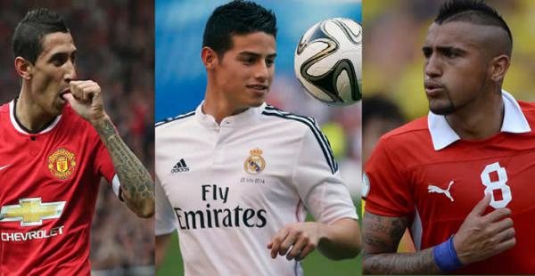 El argentino Ángel Di Maria, el colombiano James Rodríguez y el chileno Arturo Vidal son los tres sudamericanos que brillan en clubes de Europa