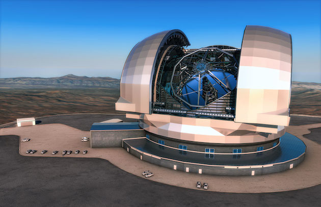 This artistâs impression shows the European Extremely Large Telescope (E-ELT) in its enclosure. The E-ELT will be a 39-metre aperture optical and infrared telescope sited on Cerro Armazones in the Chilean Atacama Desert, 20 kilometres from ESOâs Very Large Telescope on Cerro Paranal, which is visible in the distance towards the left.