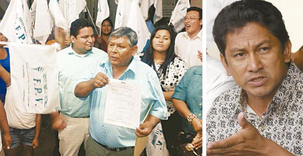 Simpatizantes de FPV luego de inscribir la candidatura a gobernador. Al lado, el candidato Adolfo Chávez