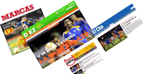 Portadas de los diarios digitales de Bolivia tras la derrota de Universitario de Sucre ante Tigres de México (1-2)