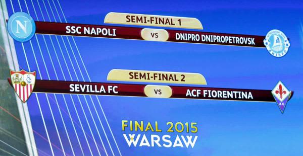 La pantalla del sorteo de las semifinales de la Europa Legue. Napoli jugará contra Dnipro y Sevilla ante la Fiorentina. Se jugarán 7 de mayo y 14 y la final 27 de mayo 2015 en Varsovia, Polonia