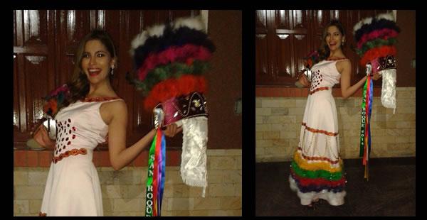 La representante de Cercado Vanesa Patiño con un traje típico alusivo a la fiesta grande de San Roque