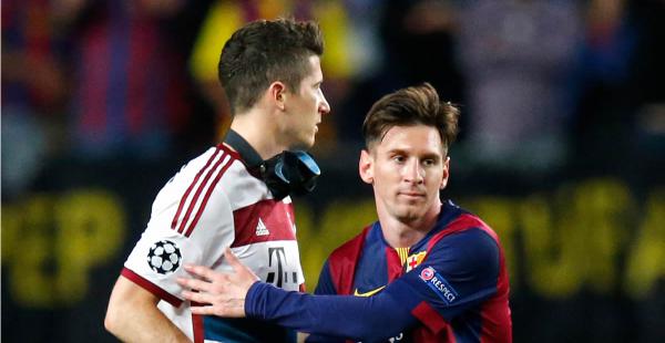 Lionel Messi,de Barcelona le da la mano a Robert Lewandowski, de Bayern Múnich al final del partido de ida por la semifinal de la Champions League. Este martes jugarán el encuentro de vuelta