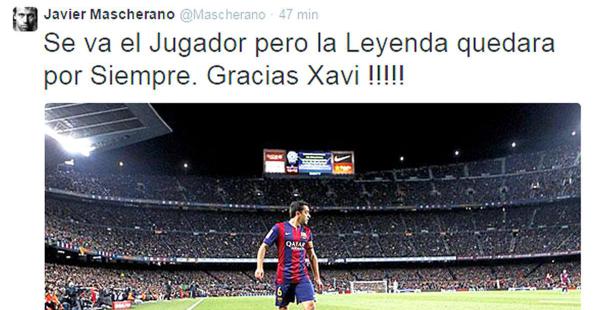Esto publicó en su cuenta de Twitter Javier Mascherano para su compañero de equipo, Xavi Hernández, una vez concluya la temporada de la Liga española