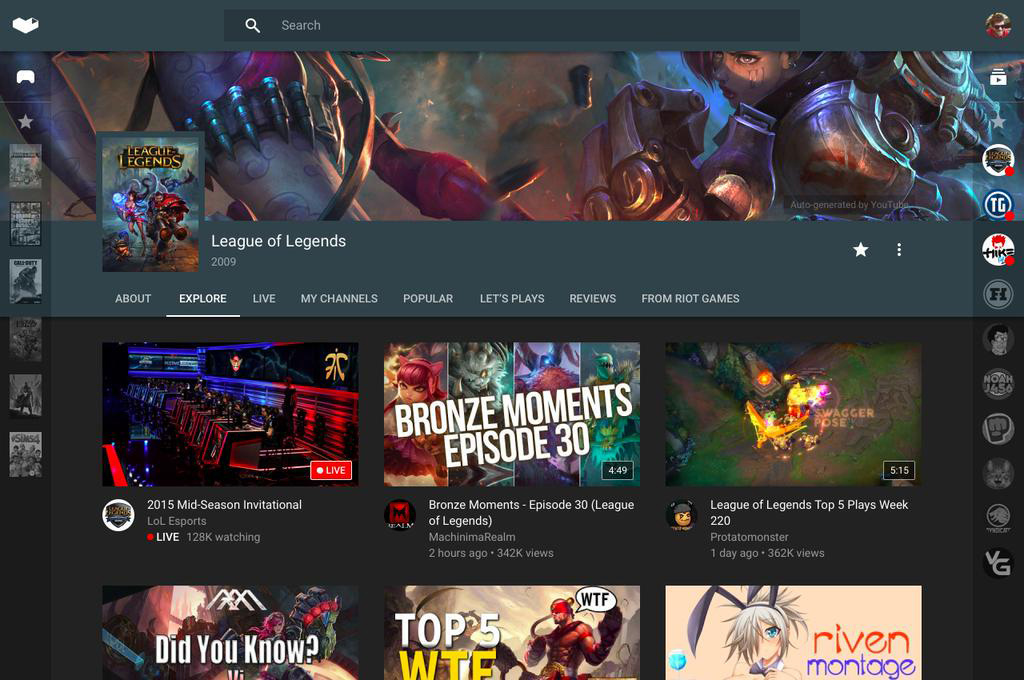 Interfaz de YouTube Gaming.
