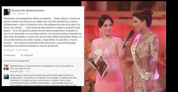 Miss La Paz está molesta con las críticas y se expresa en Facebook