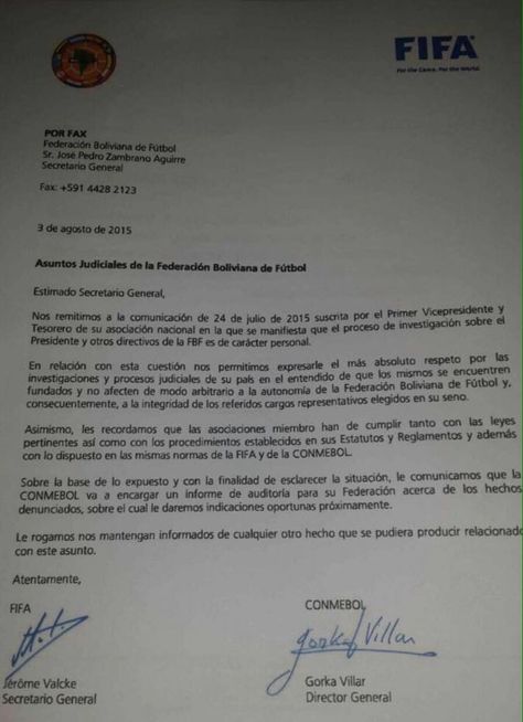 La nota de la CONMEBOL enviada hoy a nombre de Pedro Zambrano. Foto: Twitter