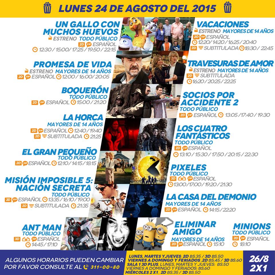 Cartelera Multicine Santa Cruz del 24 y 25 de agosto del 2015 eju.tv