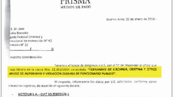 Facsímil. Respuesta oficial. La empresa Prisma informó a la Justicia qué empresas de la familia Kirchner tiene tarjetas de crédito corporativas y cuáles solo están adheridas a VISA como comercios. El documento al que accedió Clarín en exclusiva está en la causa Hotesur.