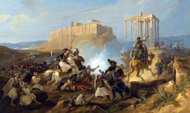 Escena de batalla  de la Guerra de Independencia de Grecia, obra de Georg Perlberg. Fuente: Aristotleguide