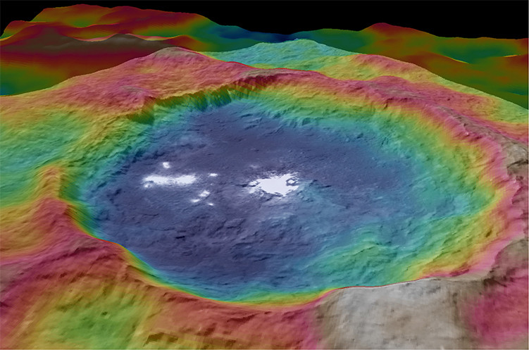 El mapa topográfico iluminado del crater Occator en cuyo fondo la nave espacial Dawn captó los más brillantes de los misteriosos puntos en la superficie de Ceres.