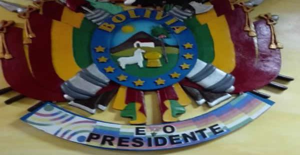 El emblema patrio aparece con el logotipo del ministerio de Comunicación y con la frase "Evo presidente".