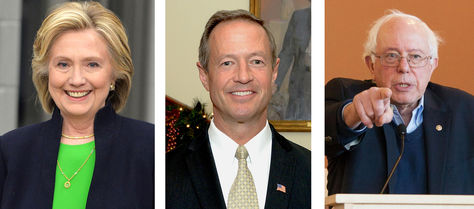 Hillary Clinton, Martin O'Malley (centro) y Bernie Sanders.