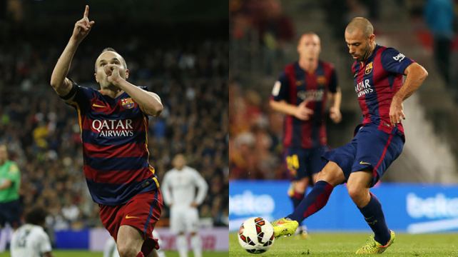 Andrés Iniesta (izq.) y Javier Mascherano estás listos para saltar a la cancha este sábado. foto: Internet