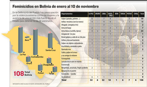 Feminicidios en Bolivia de enero al 10 de noviembre. Infografía: La Razón