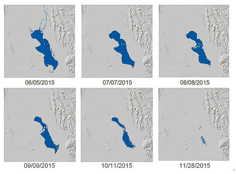 Disminución. La reducción del espejo del agua del Poopó desde junio hasta noviembre de 2015.