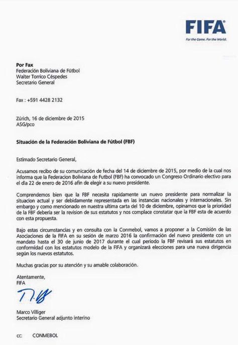 La carta que la FIFA le envió a la FBF. Foto: Twitter @juanpasten2010 