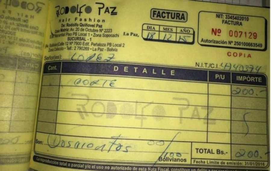 Factura real de Rodolfo Paz