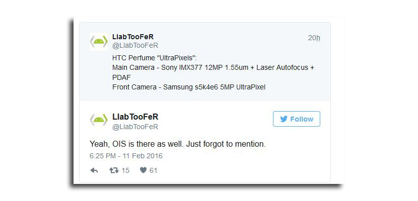twitter render Aparecen las especificaciones de la cámara y un render del HTC One M10