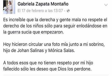 Mensaje que circula en Facebook y que la familia dice que es falso.