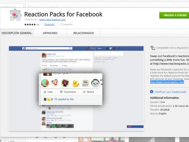 Para instalarlos, debes ingresar a la extensión de Google Chrome y añadirlo. El nombre es Reaction Packs for Facebook. (Foto: Captura)