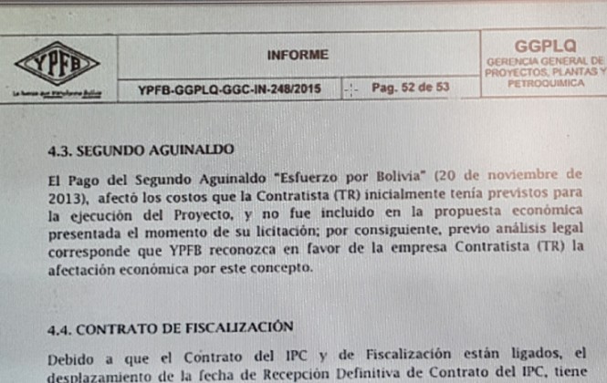 YPFB pagó el doble aguinaldo a favor de empresa española contratada para la planta Gran Chaco