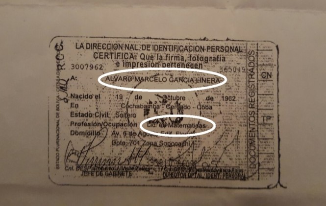 Cédula de García Linera señala que es Lic. en Matemáticas, pese a que él mismo admitió que ello no es verdad Cédula de García Linera señala que es Lic. en Matemáticas, pese a que él mismo admitió que ello no es verdad