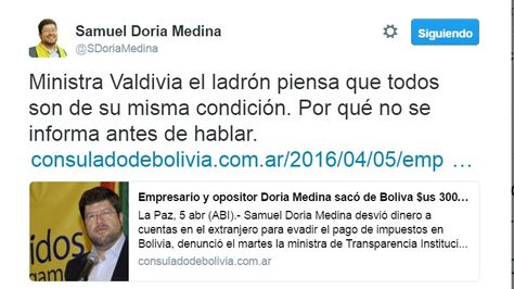 El empresario Samuel Doria Medina publicó ayer en su muro una alusión a la ministra Lenny Valdivia