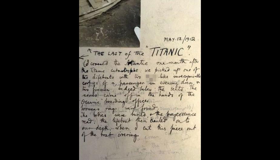 La nota de un pasajero del Oceanic dando cuenta del hallazgo. Está fechada en mayo de 1914. (Foto: HAldridge/BNPS)
