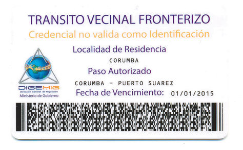 Documento. Una muestra de la Tarjeta Vecinal Fronteriza que rige entre Bolivia y Brasil.