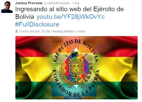 Este es un de los post que envió el hacker chileno alertando sobre el ingreso a la página web del Ejército de Bolivia. 