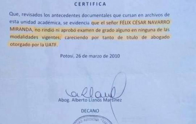 Universidad Tomás Frías confirma que César Navarro no tiene título de abogado 