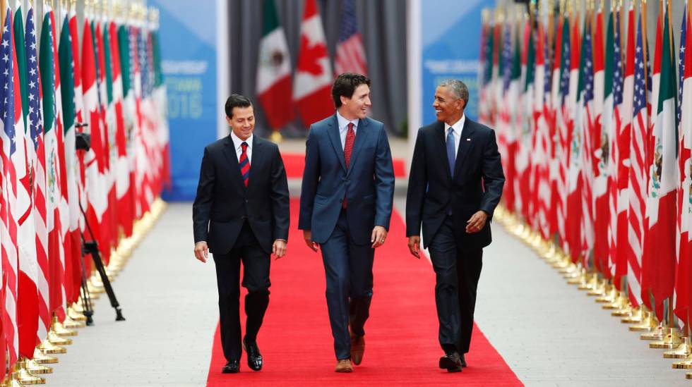 Los presidentes de México, Canadá y Estados Unidos en la cumbre de NAFTA en Ottawa este miércoles.