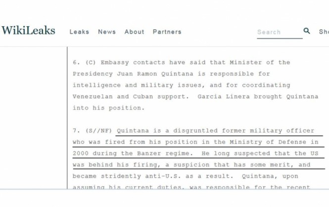 Cables de WikiLeaks confirman que Quintana fue entrenado en la Escuela de las Américas y que trabajó con Banzer