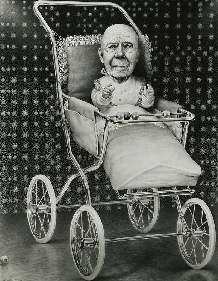 Laurie Lipton, dibujo a lápiz, 'Second Childhood 1989' ('La segunda infancia 1989'), lápiz sobre papel, 88x68.5cm / 34.6