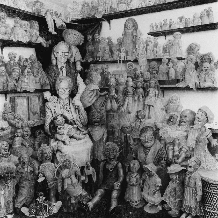 Laurie Lipton, dibujo a lápiz, 'Goblins 2002' ('Duendes 2002'), carboncillo y lápiz sobre papel, 97x97cm / 38
