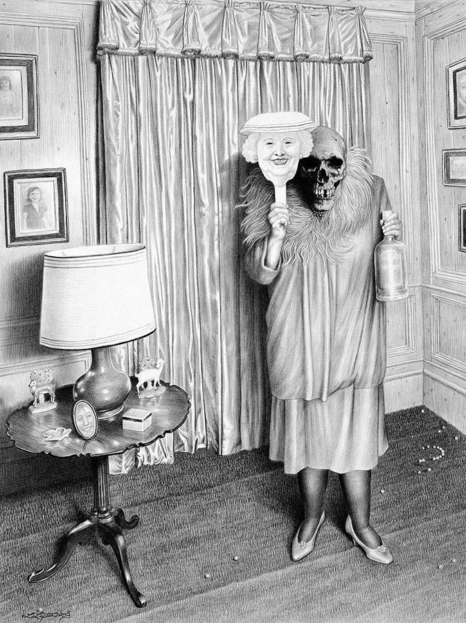 Laurie Lipton, dibujo a lápiz, 'Facelift 2005' ('Lifting facial 2005'), lápiz sobre papel, 53x40cm / 21