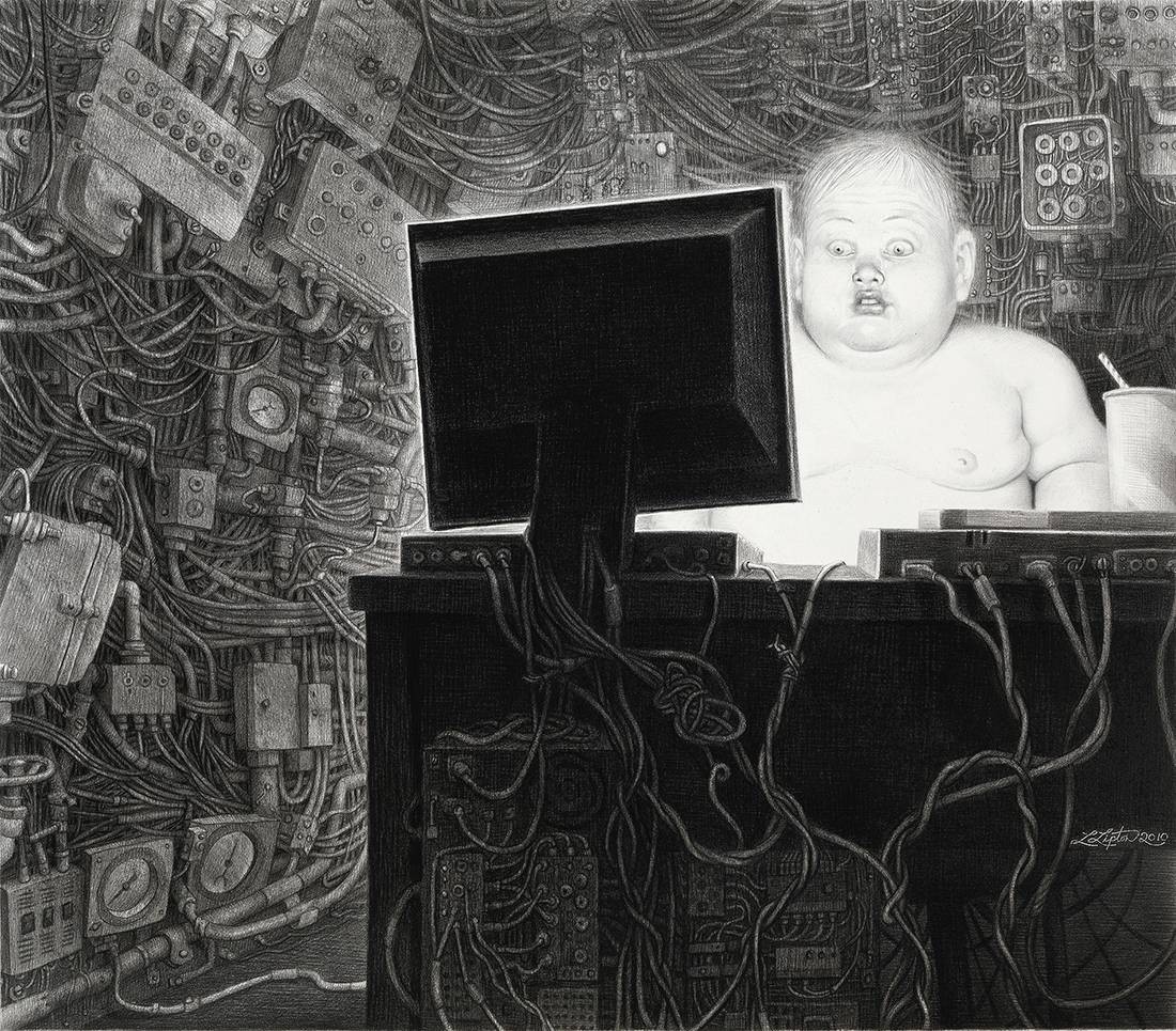 Laurie Lipton, lápiz, dibujo, 'Info Glut 2010' ('El exceso de información 2010'), carboncillo y lápiz sobre papel, 50.5x58 cm / 20x23