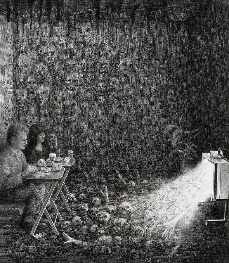 Laurie Lipton, lápiz, dibujos, 'Prime Time 2006' ('El horario de máxima audiencia 2006'), carboncillo y lápiz sobre papel, 67x58.5cm / 26